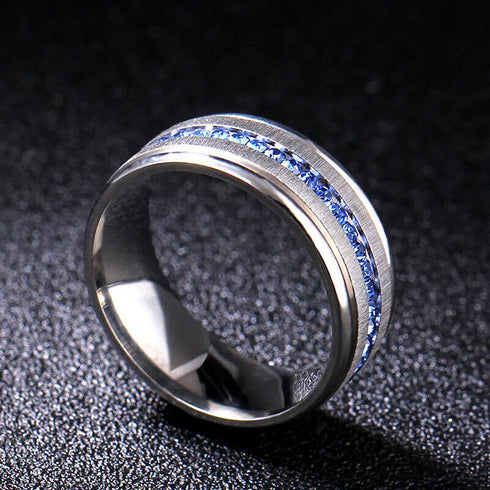 Men's 8mm Brushed Titanium Steel Blue Sapphire CZ Comfort-Fit Wedding Band